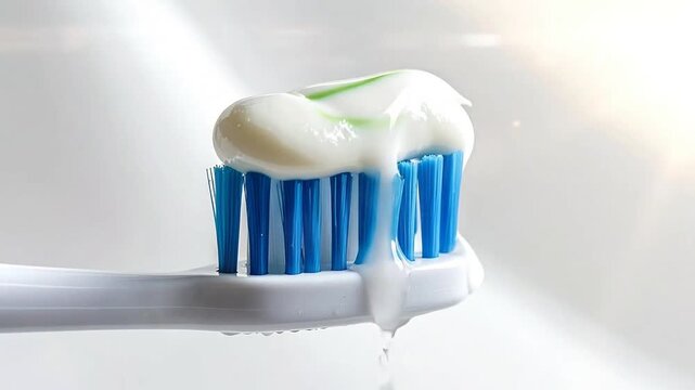 Close-up of toothpaste being applied to a blue toothbrush against a white background.