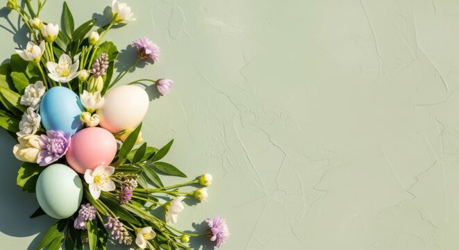 Easter eggs and flowers on a green background with a wreath arrangement