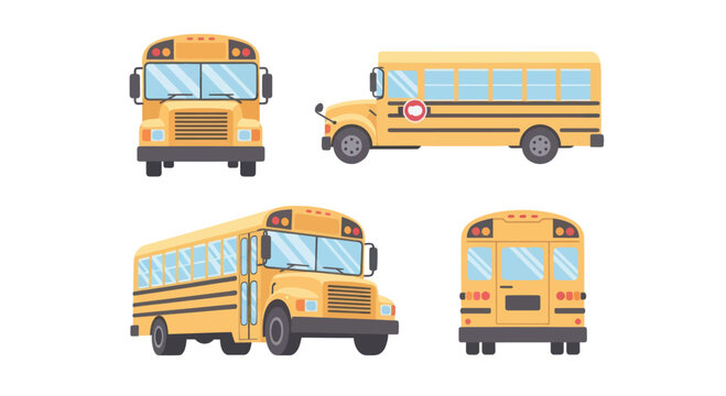 Yellow school bus vector set showing front, side, angled and back views for education and transportation design