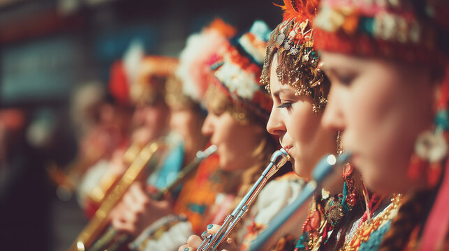 Virgen del Carmen Festival, Close Up of Female Trumpet Players in Traditional Costume at Virgen del Carmen Festival