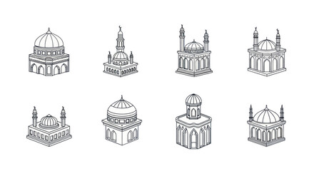 Hand-drawn Islamic mosque sketches with domes and minarets, detailed architectural line art for religious and cultural design projects