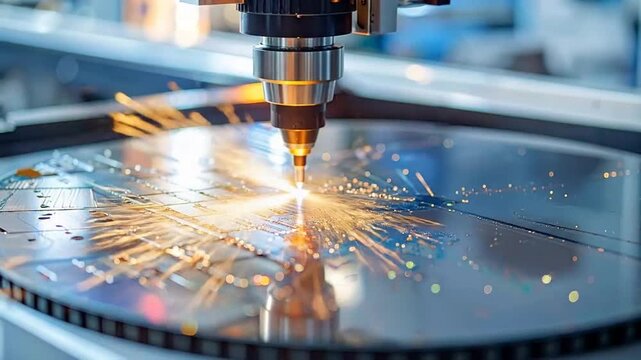 Precision laser cutting machine precisely etching intricate designs on a reflective l surface with sparks.
