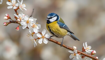 Obraz premium Blue tit and great tit sitting on a branch in nature