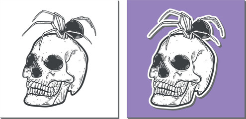 Fototapeta premium Black spider on a human skull, sticker set, engraving isolated
