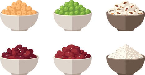 Professional flat illustration set featuring bowls of chickpeas, green peas, black-eyed peas, kidney beans, and white rice for healthy nutrition and culinary design