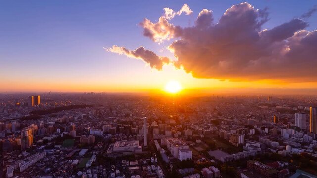 東京・大都会を照らす感動のサンセット　ドローンイメージ