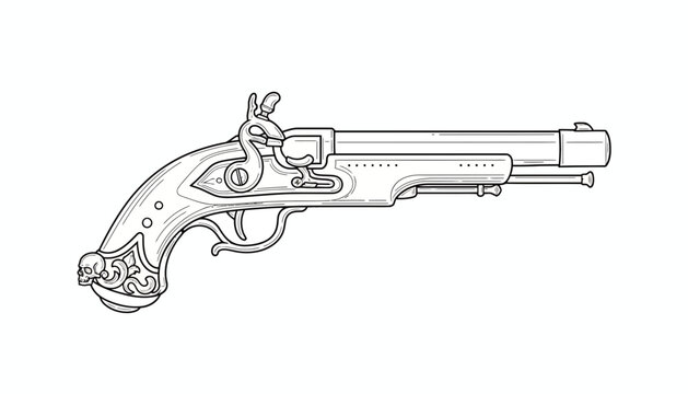 Antique Flintlock Pistol Illustration, Vintage Weapon Line Art