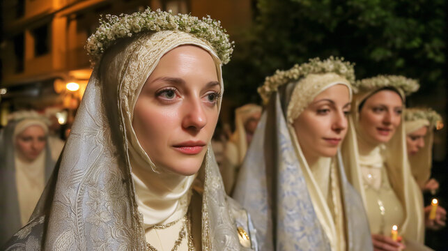 Virgen del Carmen Festival, Women Wearing Traditional White Mantillas During Virgen del Carmen Religious Ceremony
