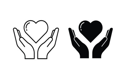 Obraz premium Black and white hand holding heart icons in line art and solid style for love and care symbols