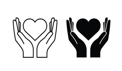 Obraz premium Black and white hand holding heart icons in line art and solid style for charity or love concepts