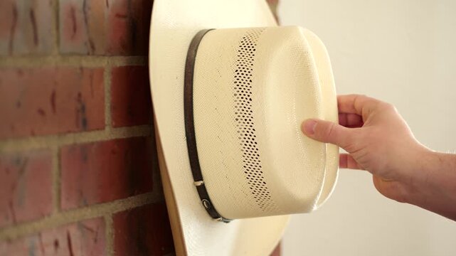 Person taking a straw cowboy hat off a hook