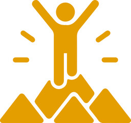 Orange Icon of a Person Standing Victoriously on Mountain Peaks with Arms Raised High