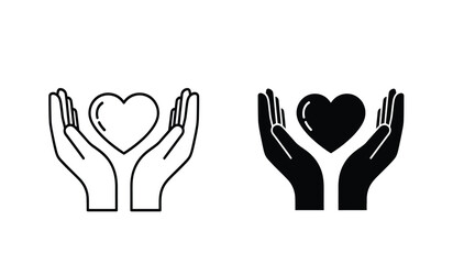 Fototapeta premium Black and white hand holding heart icons in line and solid styles for charity or love concepts