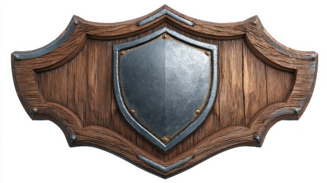 Blank medieval wooden shield with metal emblem isolated on white background