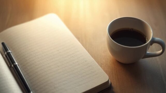 Notebook and Coffee Cup Writing Workspace Productivity Concept Close Up
