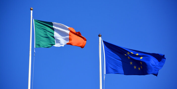 Flag of Europe, Against the blue sky of the Western world, the stars symbolise the peoples of Europe in a form of a circle, a sign of union and The national flag of Ireland