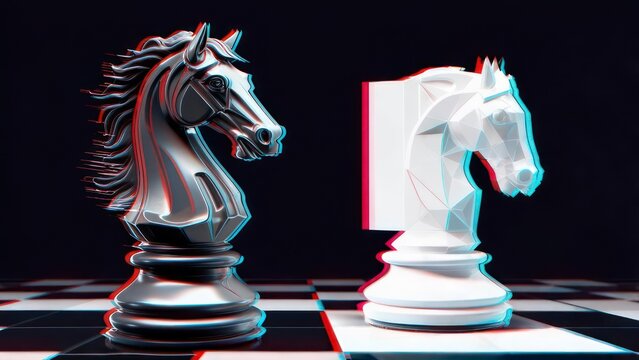 Two chess knights, black and white, on a checkered board, in a stylized 3D render with a glitch effect