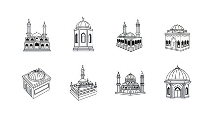 Set of detailed Islamic mosque sketches with domes and minarets line art style for religious architecture projects and cultural design