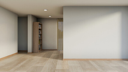 Empty studio room with bookshelf on wooden parquet floor and warm sunlight shining on a white wall. © bongkarn