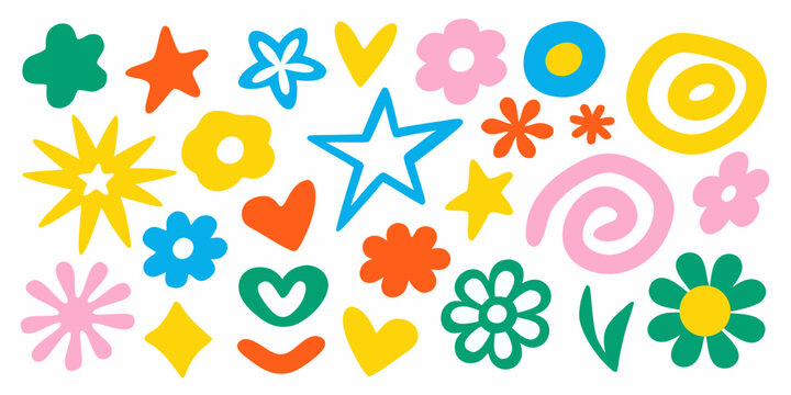 Colorful assortment of whimsical floral and geometric shapes on white