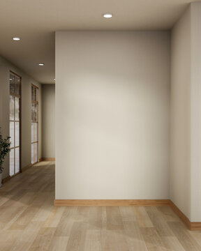 Empty white wall and wooden parquet floor corridor with sunlight through window in the modern house.