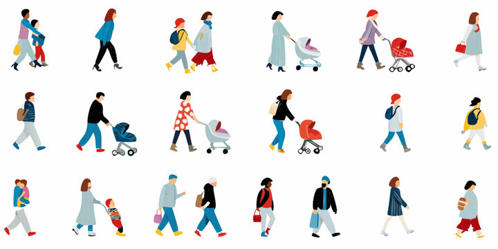 Diverse group of people walking including parents with strollers and children