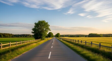 Naklejka premium Scenic Country Road Lined with Wooden Fences and Fields at Sunset.