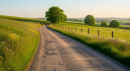 Fototapeta premium Scenic Country Road Winding Through Lush Green Fields at Sunrise.