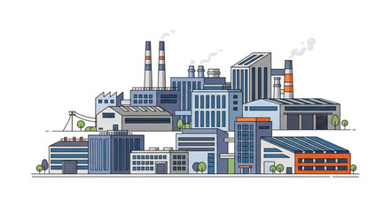 Obraz premium Modern industrial factory complex with multiple buildings and smokestacks.