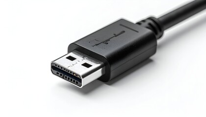 Close-up of a black USB cable with a rectangular connector, on a white background