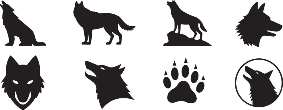 wolf silhouette icons set eight howling head paw circle