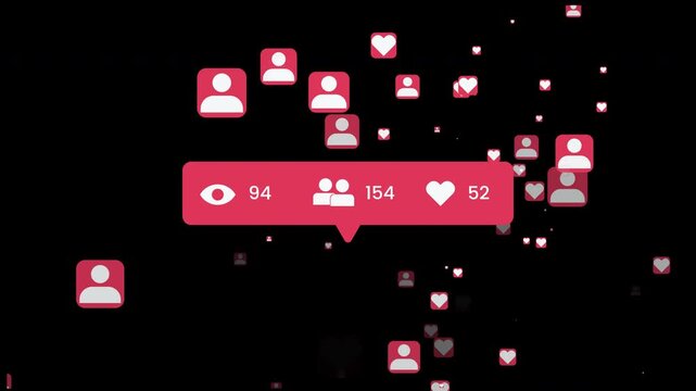 Social media view counter showing likes, comments and shares increasing fast. Professional 4K UI motion graphic with alpha channel background.