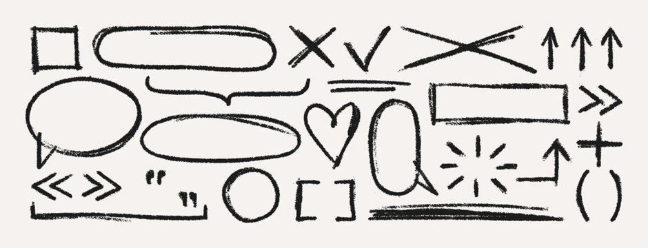 Hand Drawn Crayon Scribble Highlight. Vector Pencil Rectangle and Oval Frames, Wavy Strokes, Speech Bubbles, Arrows, Heart. Doodle Chalk Textures Set in Kids Style for Sticker, Banner, Poster