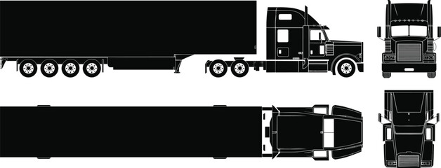 Semi-truck silhouette vector set &ndash; side, top, front views of cargo trailer truck illustration for transport, logistics, or blueprint design