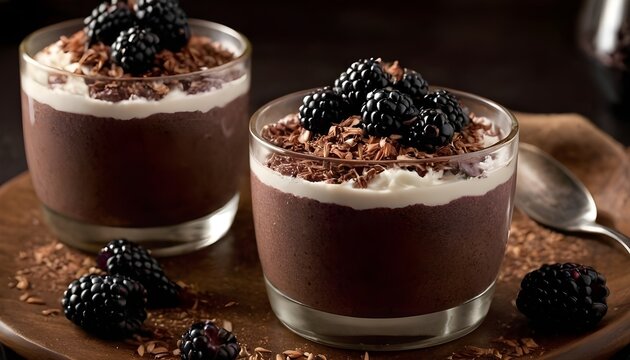 chocolate chia seed pudding dessert in a glass bowl