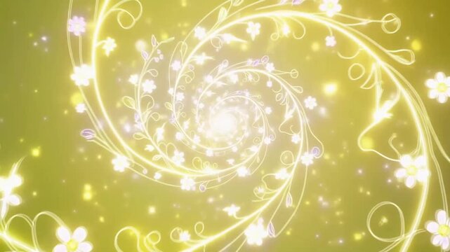 Animated spiraling floral design with glowing accents featuring flowing vines and detailed flowers on a soft illuminated background creating a dynamic visual scene
