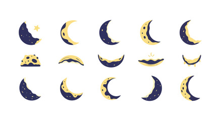 Obraz premium Hand drawn crescent moon icons set with various crater designs and night sky elements, perfect for celestial and astronomy projects