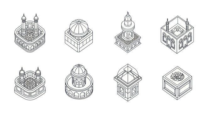 Isometric architectural line art of Islamic mosque elements and structures in black and white, perfect for religious and cultural design projects