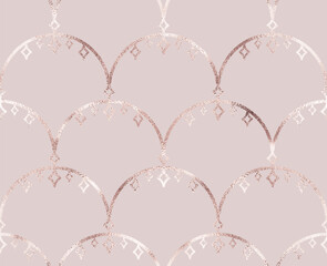 Abstract art deco seamless pattern with rose gold decorative arch ornament.