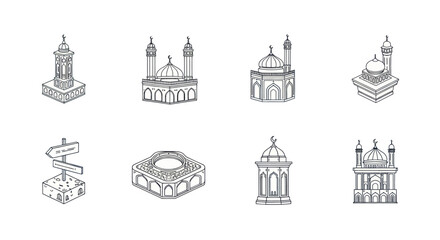 Obraz premium Set of hand-drawn mosque illustrations with minarets and domes, Islamic architecture symbols for religious designs and cultural projects