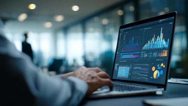 Business professional analyzing financial data on laptop with modern graphs, charts in corporate office. Digital analytics, data visualization drive strategic decision making in business environments