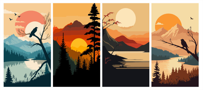 Set of four lake landscape posters. Flat vector illustration of mountains, pine forest, and bird silhouettes at sunset.
