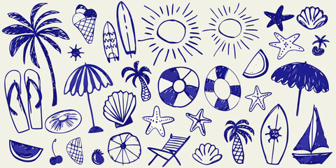 Blue doodle illustration featuring various summer and beach themed objects © Pabitra
