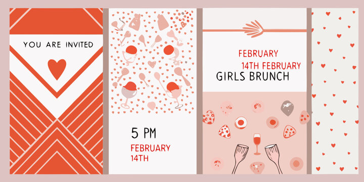 Valentine s day invitations with hearts champagne glasses and event details