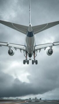 Emergency landing view from below showing heavy landing gear extending during a stormy approach