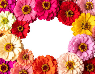 Firefly_Chic wicker hanging egg chair with cozy white cushions showcased against a transparen - Firefly_colorful zinnia blooms as a frame border, isolated with negative space for layouts