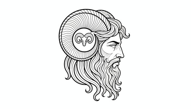Aries Zodiac Sign Astrology Symbol: Ram Head with Man's Profile and Horns, Line Art