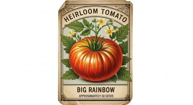 Vintage heirloom tomato seed packet with big rainbow tomato illustration