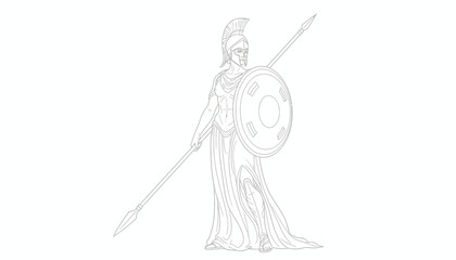 Obraz premium Ancient Greek Goddess Athena Warrior with Shield and Spear, Line Art