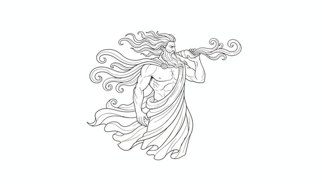 Ancient Greek God Zephyrus Blowing Wind, Mythological Figure, Line Art